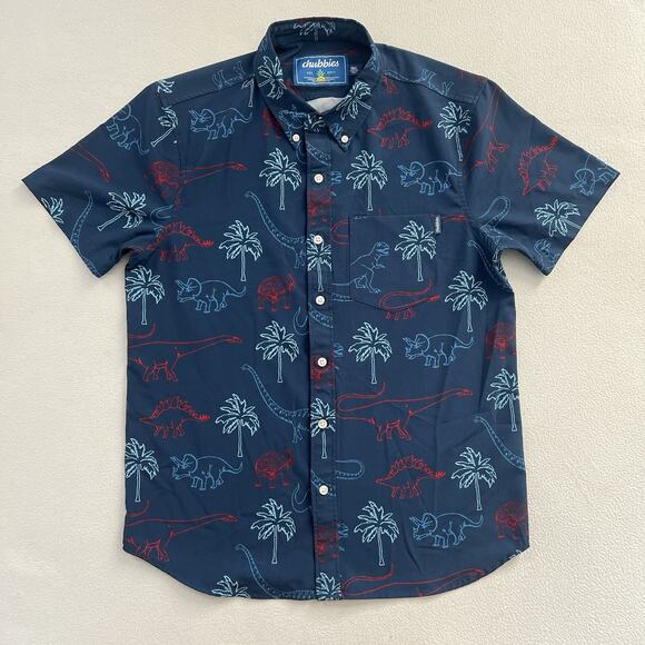 Chubbies Men Red Blue Triceratop Short Sleeve Button Down Shirt Dinosaur Print S - Picture 1 of 9